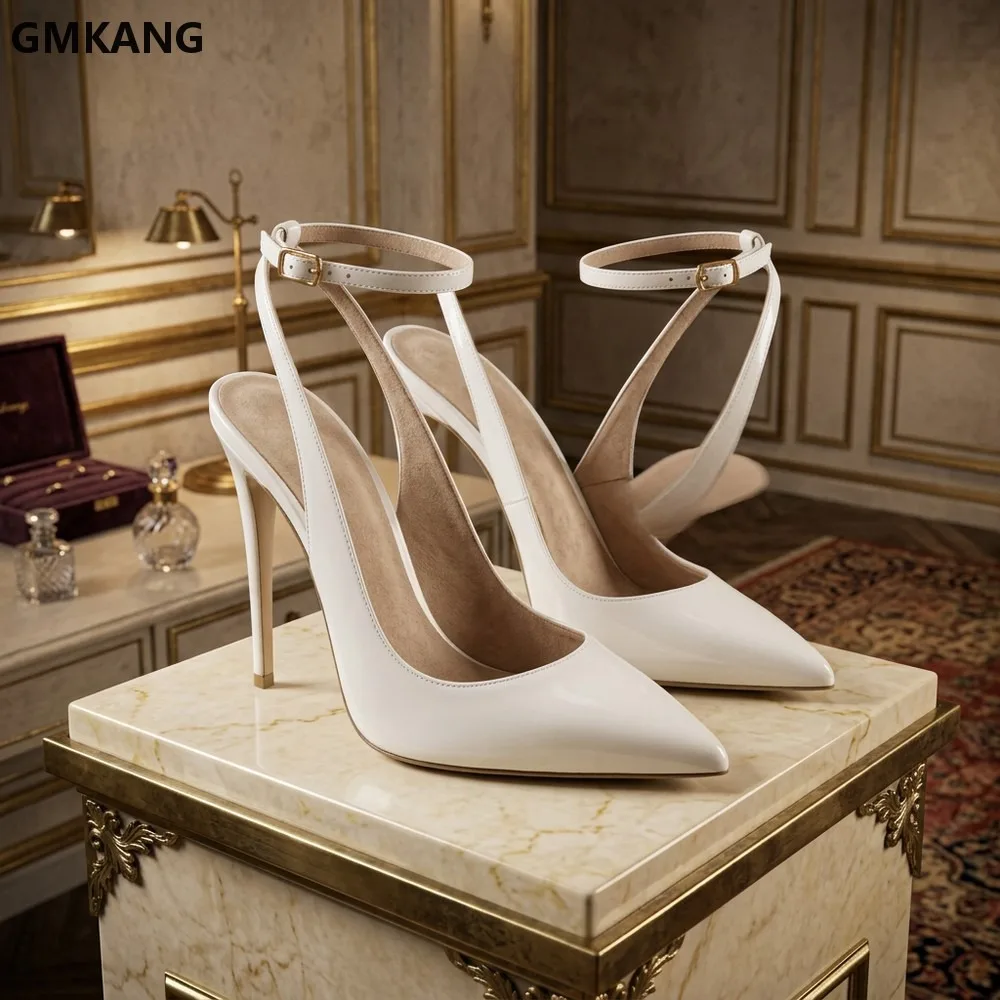 GMKANG Women's Patent Leather Pointed Toe Buckle Sandals High Heel Closed Toe Dress Shoes Summer White Wedding Party Office