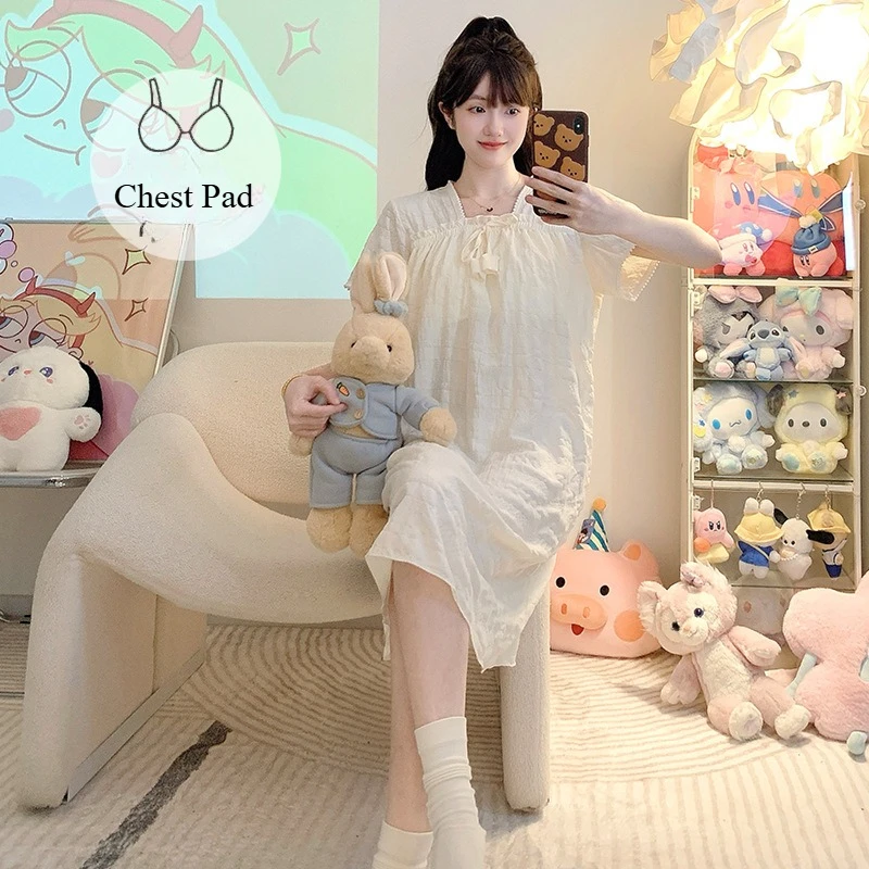 Women Plus Size Nightdress with Chest Pad Solid Cloud Cotton Pajamas Dress Summer Short Sleeved Loose Maternity Mid Home Clothes