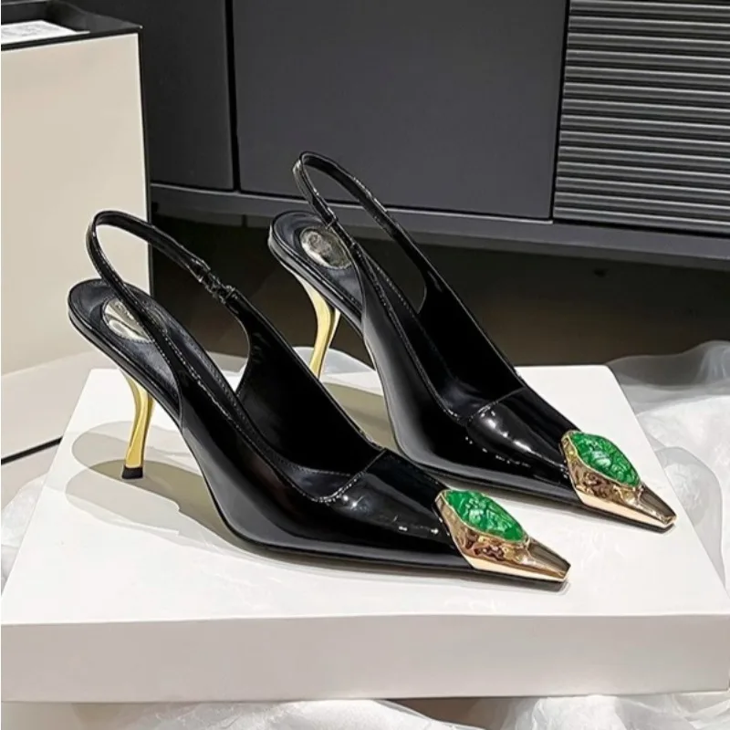 Designer Street Style Design Inlay Diamonds Woman Pumps Sandals Elegant Sexy Thin Heels Pointed Toe Banquet Prom Slingbacks Shoe