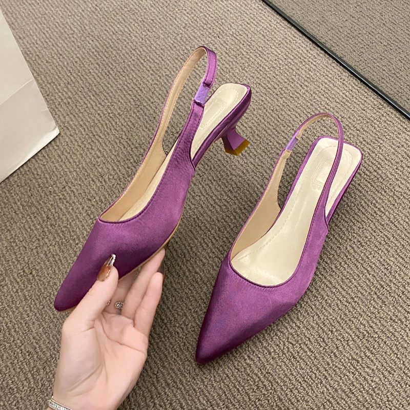 Summer New Women Sandals Heel Ladies Shoes Pointed Toe Solid Female Women's Wedding Dress Shoes Back Strap Slip on Slingback