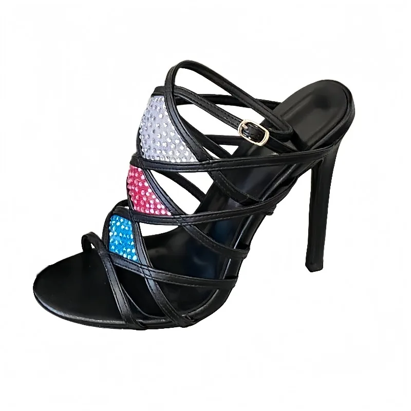 New Women's Three-color Rhinestone Thin Strip Hollow Sandals Open-toed High-heeled Sandals Banquet Shoes Dress Shoes Size 35-42
