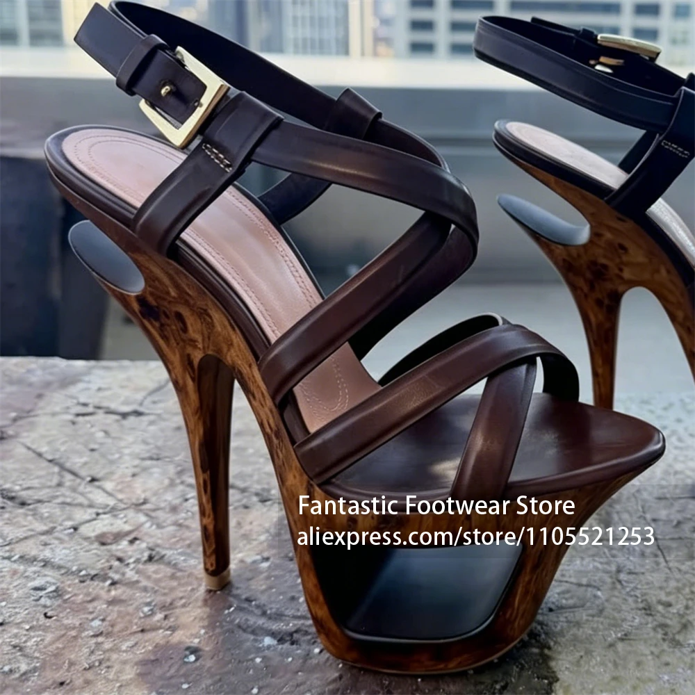Wood Grain Platform High Heel Sandals Cross Strap Cutout Hollow Summer Shoes Buckle Ankle Strap Round Toe High Heels for Women