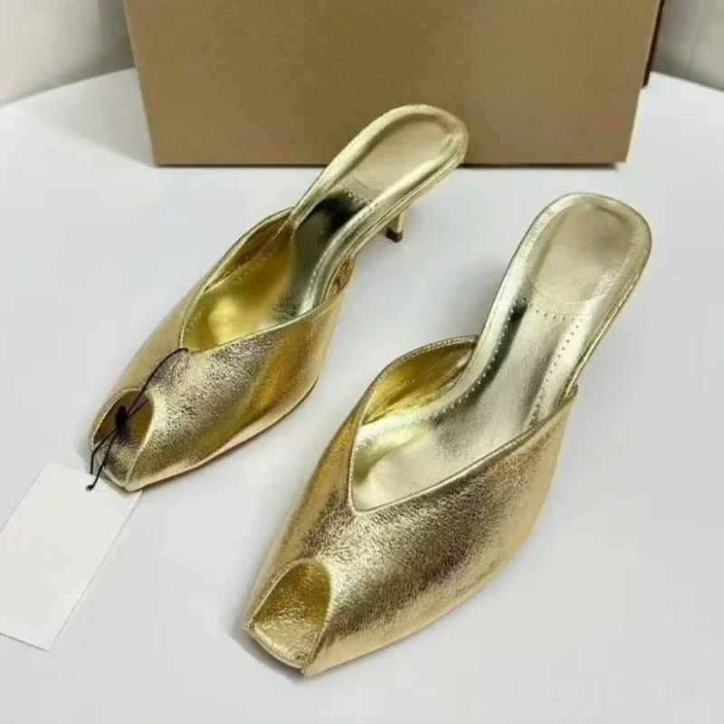 Women's Pumps Designer Gold Women Mules Sandals Luxury High Heels for Women Fashion Peep Toe Party Dress Shoe Summer Modern Shoe
