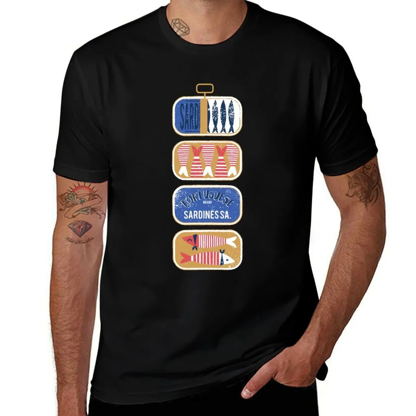 Vintage canned sardines // white background electric blue and mandy red cans T-Shirt men t shirt cotton 100% T-Shirt