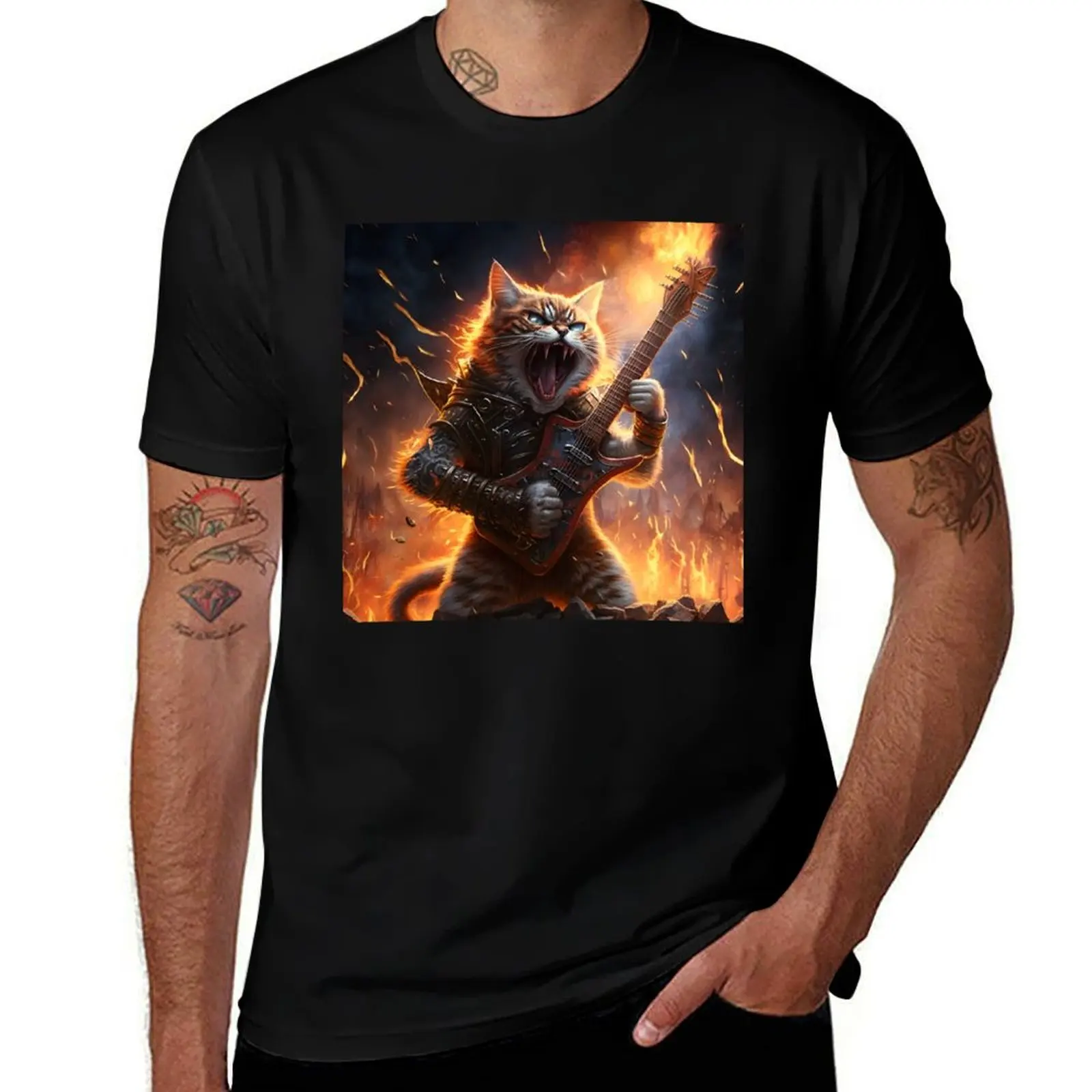 Heavy Metal Cat Electric Guitar T-Shirt Daily Work Short Sleeve Top