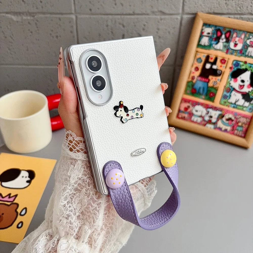 New Korea Ins Cute Cartoon Dot Puppy Leather Phone Case for Samsung Galaxy Z Fold 8 Portable Hand Strap Shockproof Foldable Case