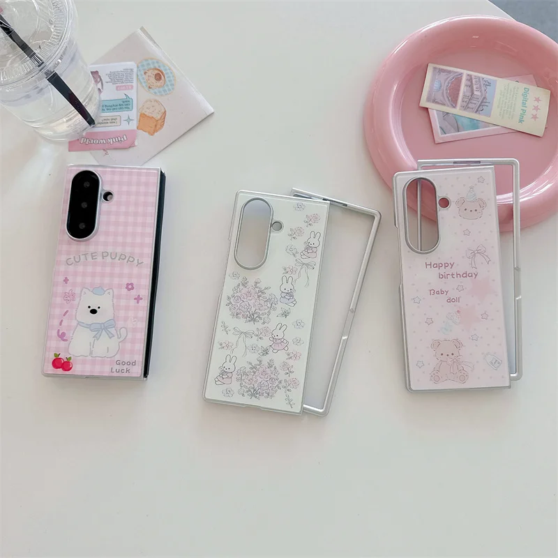 Cute Kawaii Cartoon Puppy Bunny Bear Phone Case For Samsung Galaxy Z Fold 7 6 5 Pastel Plaid Floral Foldable Protective Cover Fo