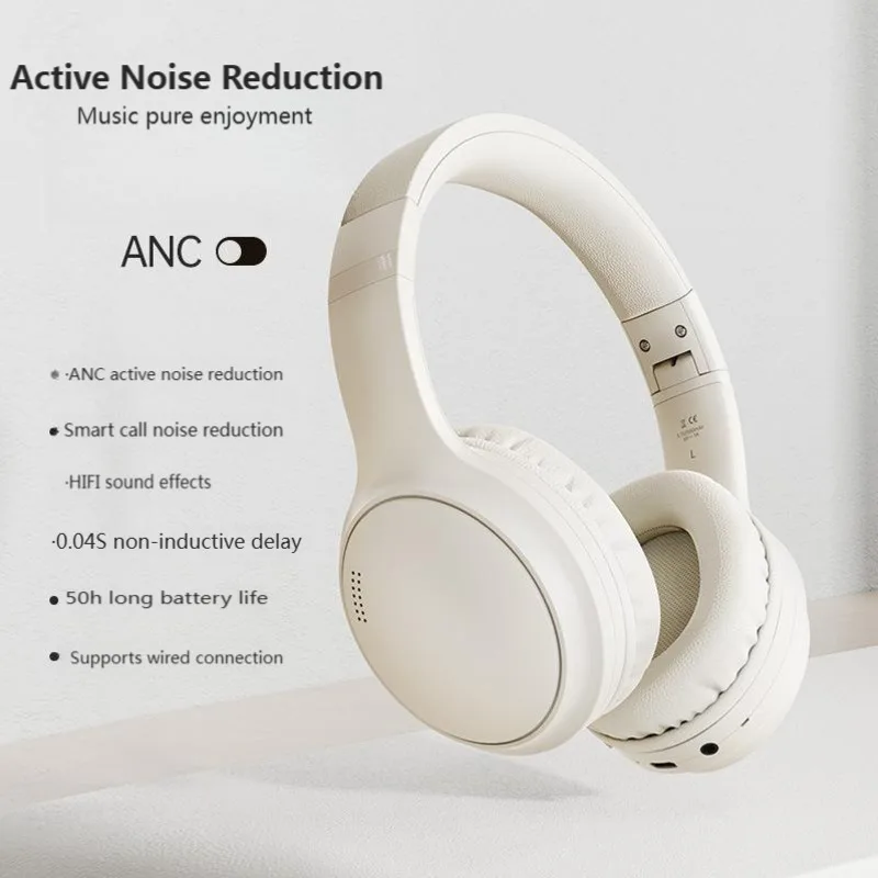 Wireless Bluetooth 5.3 Earphones Over The Ear Foldable Active Noise Cancellation Hifi Lightweight Headset 50H Battery Life