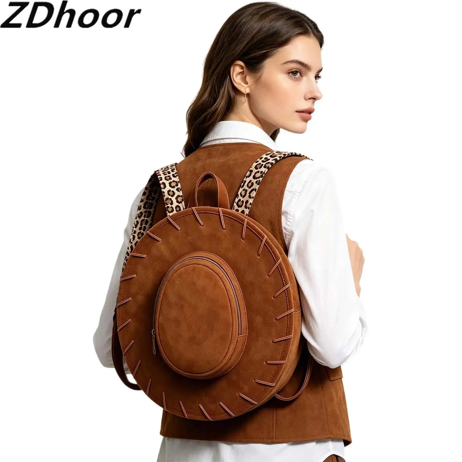 Women Western Cowgirl Hat Shaped Backpack Adjustable Leopard Print Shoulder Straps Bag Casual Daily Life Halloween Cosplay