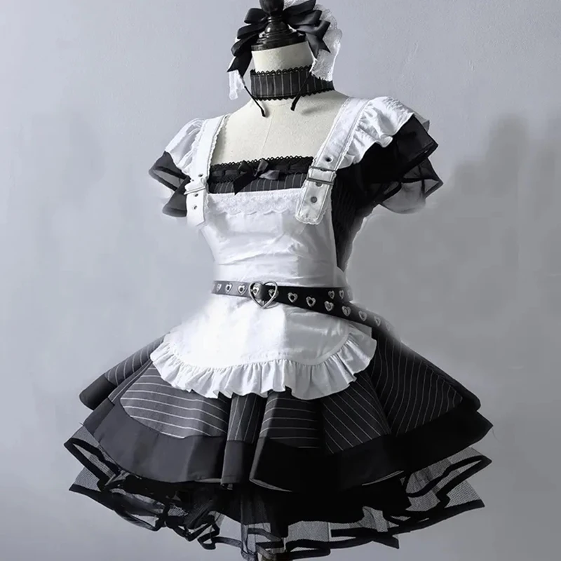 Vintage Elegant France Maid Cosplay Dress Japanese Subculture Short Sleeve Mesh Dress White Apron Black Dress Gown Vestidos Set