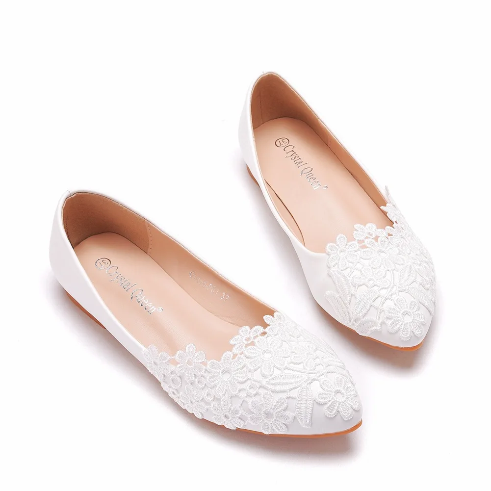 Plus Size 35-43 Elegant Lace Wedding Dress Shoes for Women 2025 Summer Pointed Toe Flats Low Heels Ladies White Loafers