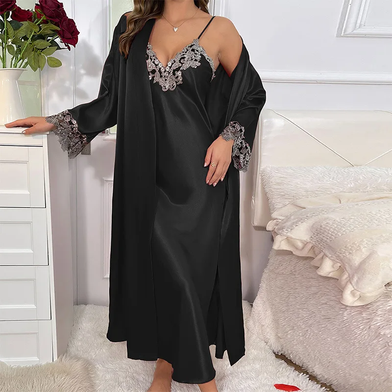 Premium Women’s Autumn Winter Midi Camisole Dress & Outerwear 2-Piece Set Faux Silk Drawstring Sexy Casual Homewear