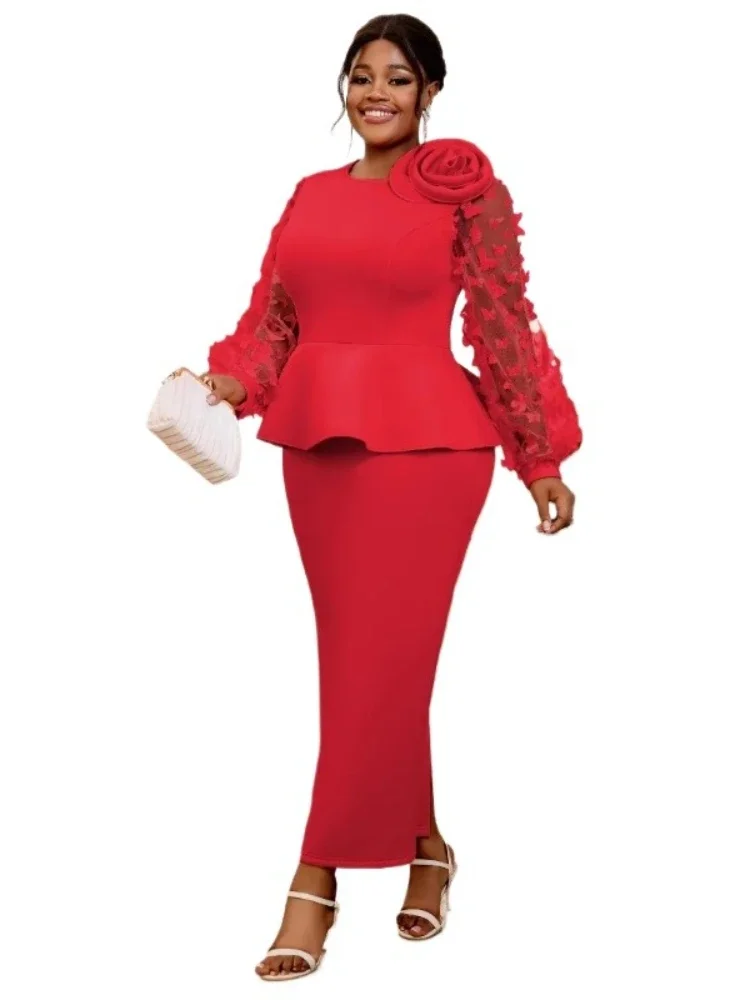 2025 Plus Size African Dresses for Women Autumn Elegant African Long Sleeve O-neck Blue Red Party Evening Long Maxi Dress Gowns