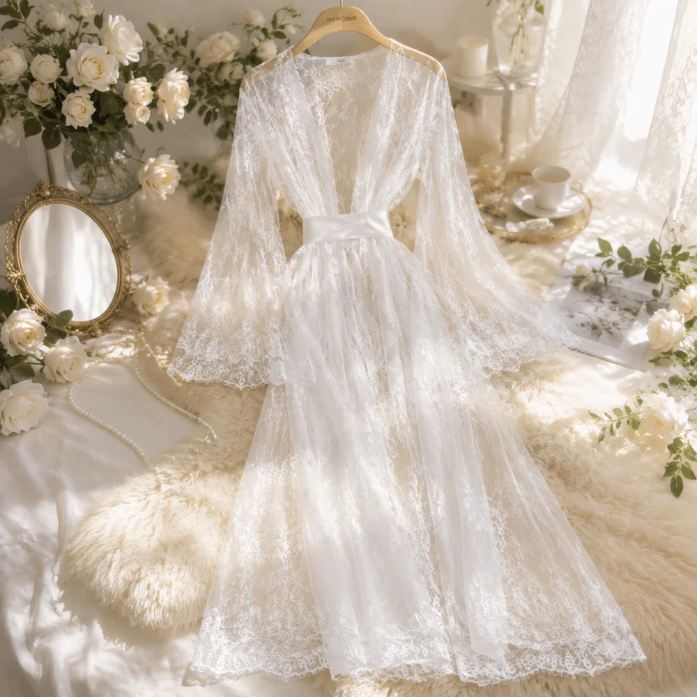Elegant Long Sleeve Long Lace Robes Hollow Out Nightdress Sheer Robes Dress Transparent Ultra-thin Bridal Robe Appointment