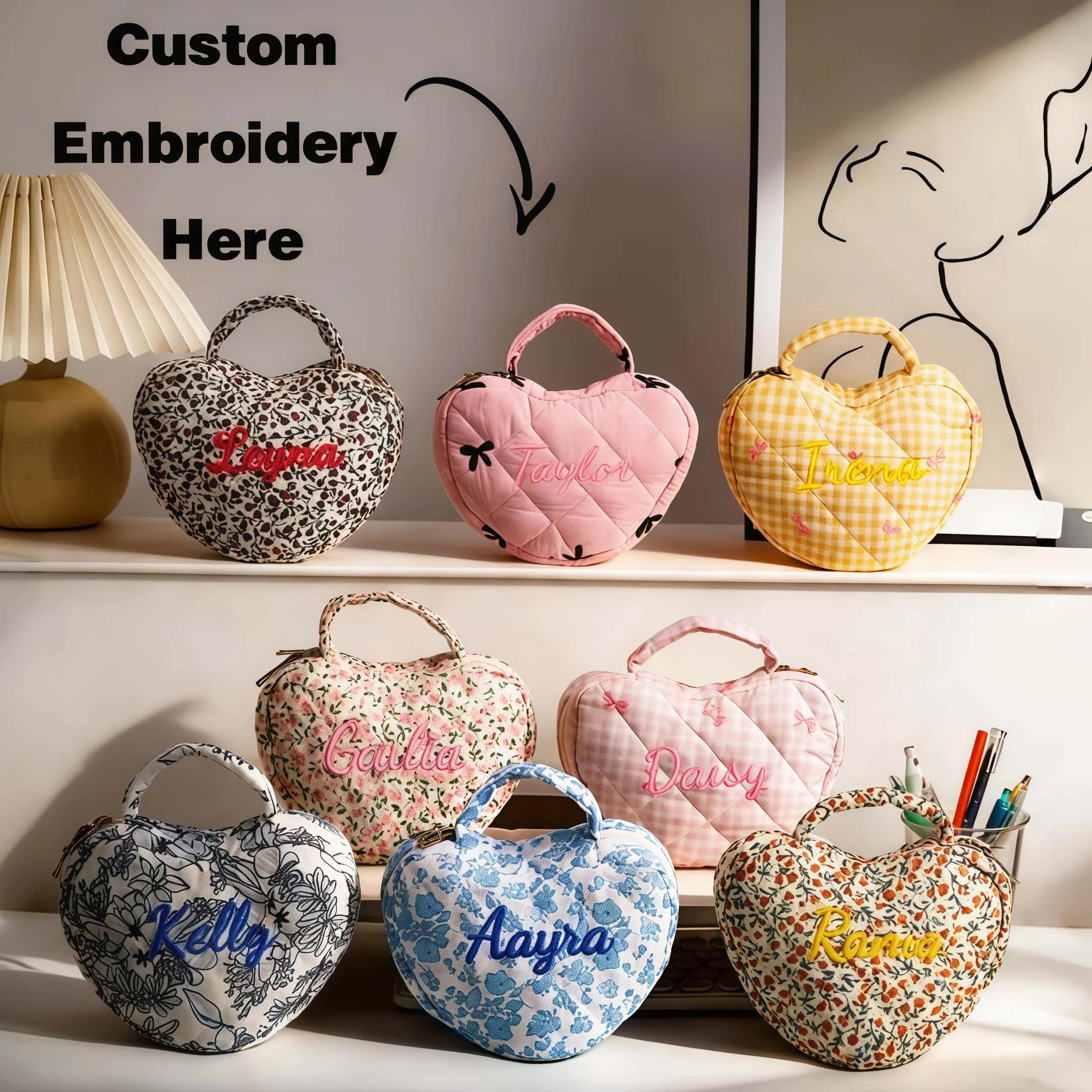 Custom Name Heart Shaped Bag Quilted Floral Cosmetic Pouch Cute Makeup Handbag Personalized Embroidery Gift Women Mini Bag