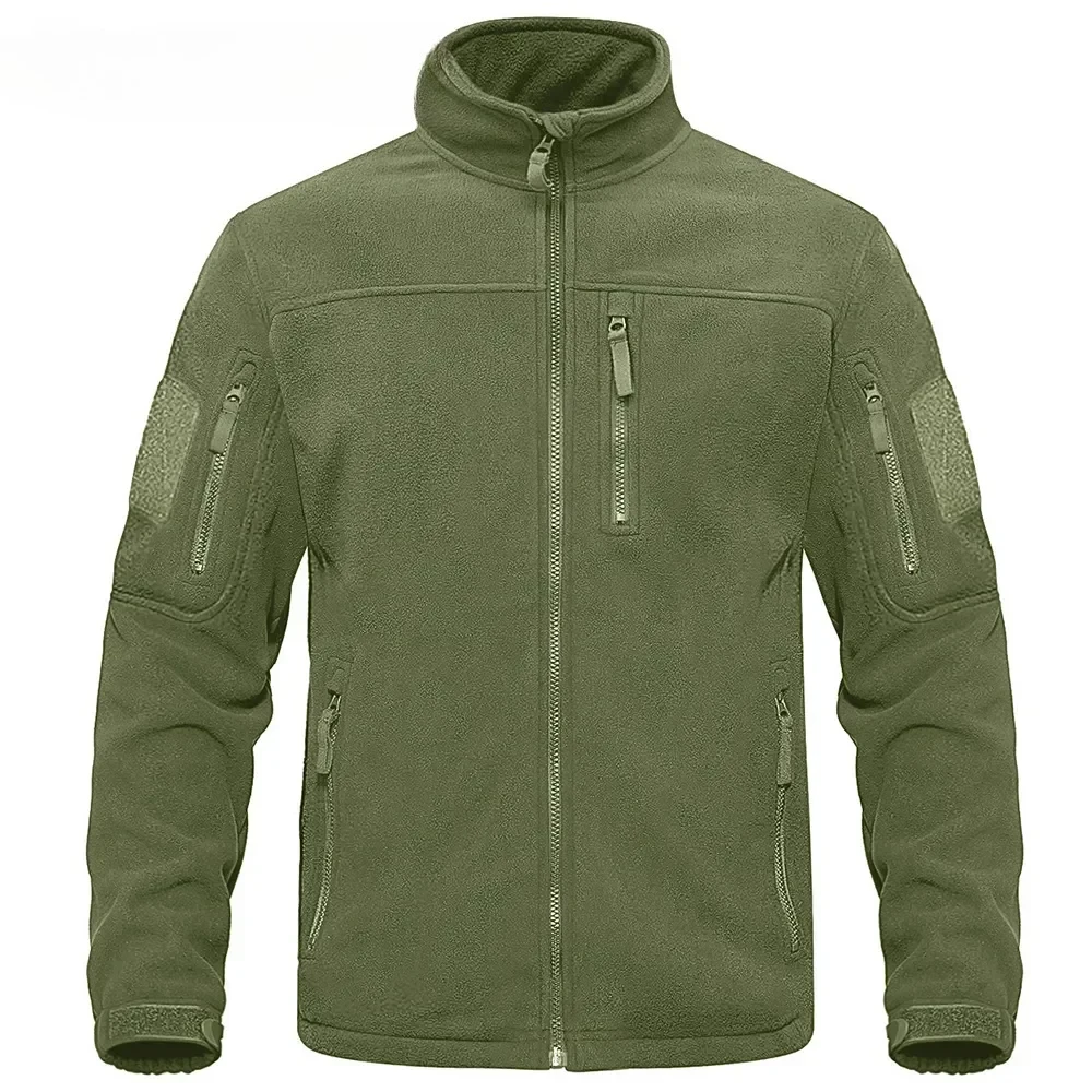 Green Fleece Jacket Thermal Warm Work Coats Mens Zipper Pockets Jacket Hiking Training Outwear Windbreaker Full Zip Up