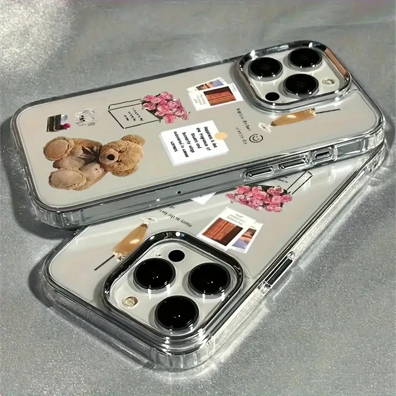 Collage Teddy Bear Rose Flower Photo Phone Case For iPhone 17 16 15 Plus Pro Max 14 13 12 11 Pro Max XS XR X 7 8 Plus SE2 Cover