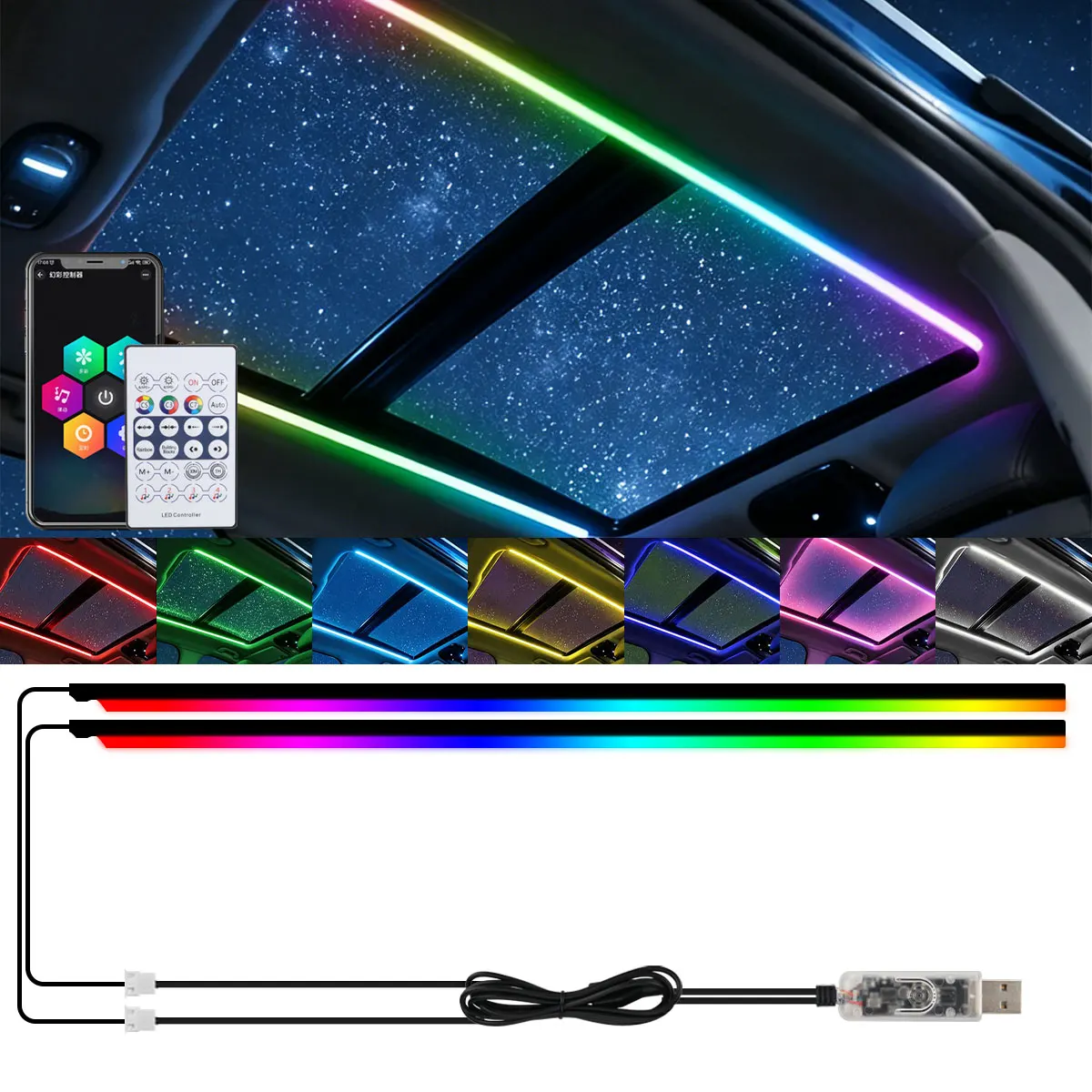 Car Ambient Lighting Accessories LED Skylight Symphony RGB 140cm Panoramic Interior Acrylic Strips APP Control USB Plug and Play