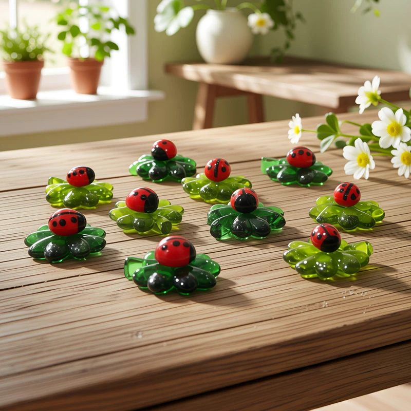 5pcs Green Mini Glass Four-Leaf Clover Ornaments with Cute Ladybug Figurine for Home Table Fairy Garden Bonsai Decor Accessories