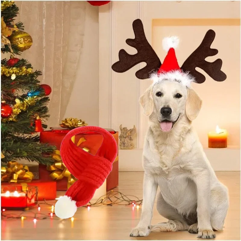 Pet Christmas Cosplay Antlers Headwear Dog Cat Hairband Scarf Accessories Boys Girls Headdress Role Play Props Xmas Theme Party