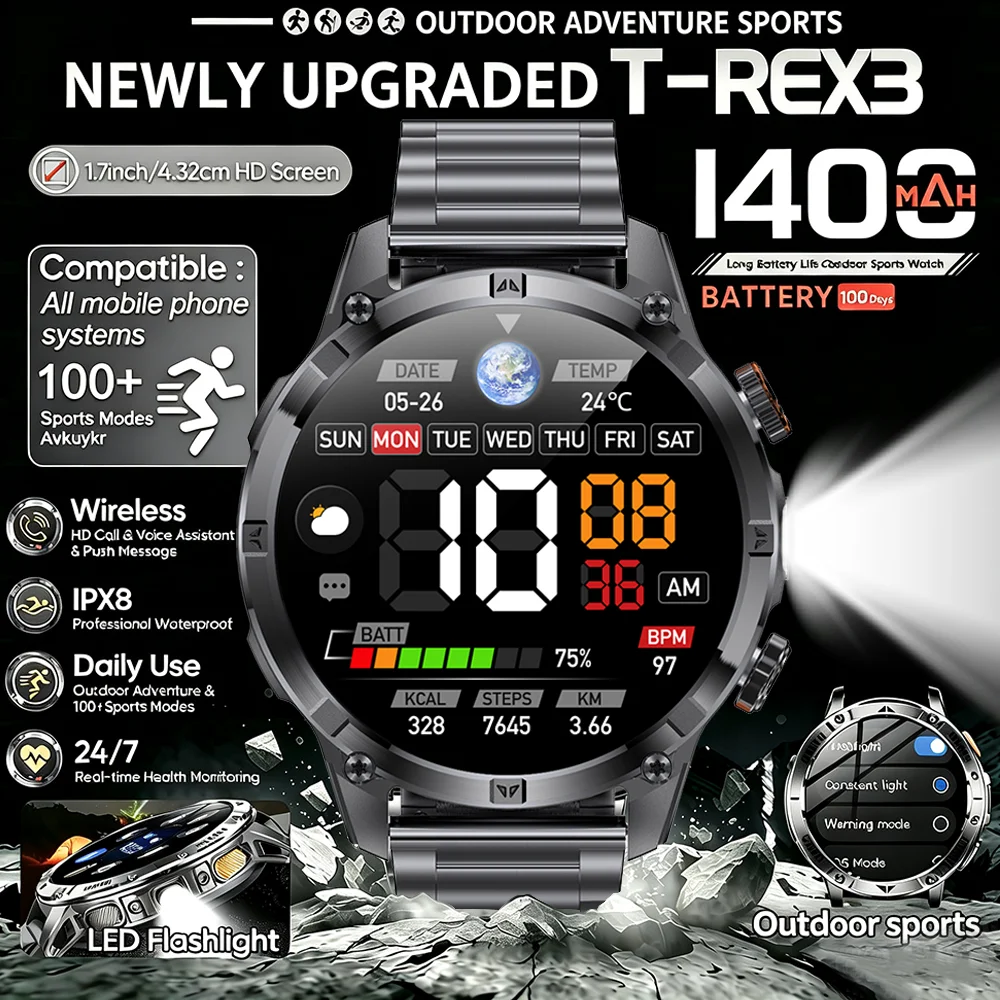 2026 Military Grade Smartwatch 1400mAh Long Standby 10ATM Waterproof Bluetooth Call LED Flashlight SOS Alert Outdoor Men Watches