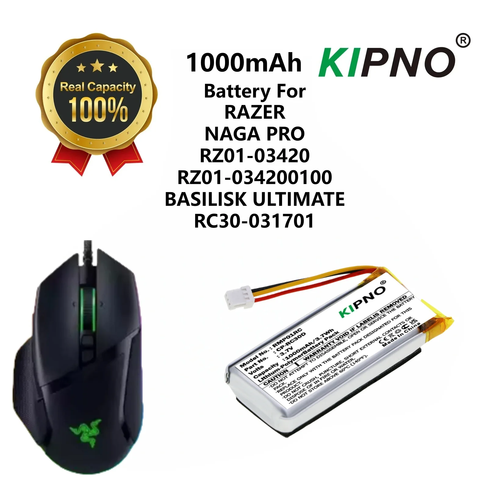 KIPNO 3.7V 1000mAh Keyboard, Mouse Battery CP-RC30D for RAZER NAGA PRO, RZ01-03420, 034200100, BASILISK ULTIMATE, RC30-031701