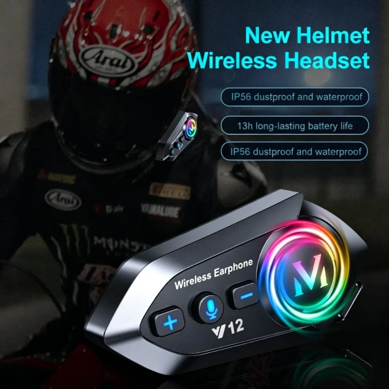 Y12 Motorcycle Helmet Headset Connect 2 Phones CVC Noise Reduction IP56 Waterproof RGB Light Auto Answer HD Sound MP3 FM Radio