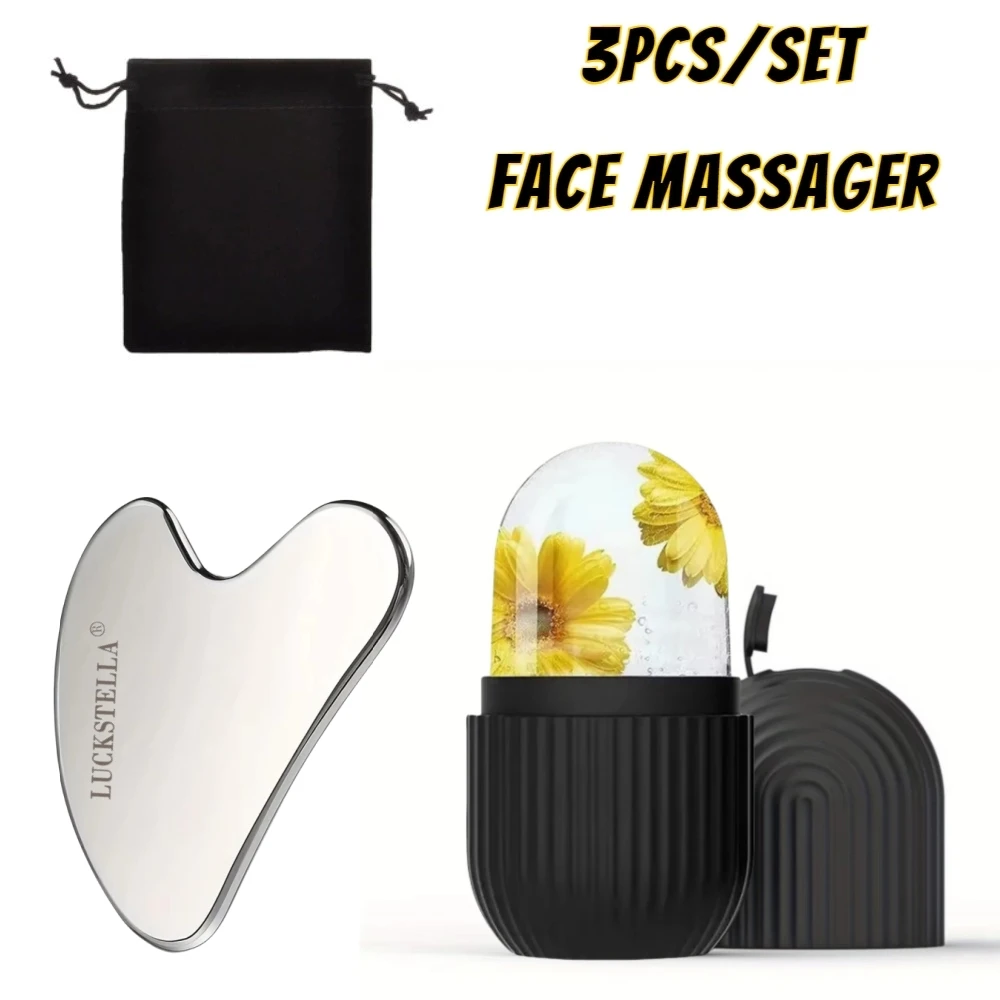 Ice Face Roller & Stainless Steel Gua Sha Board Set for Face Lifting Beauty Skin Care Tools Facial Massager Face Massage Roller