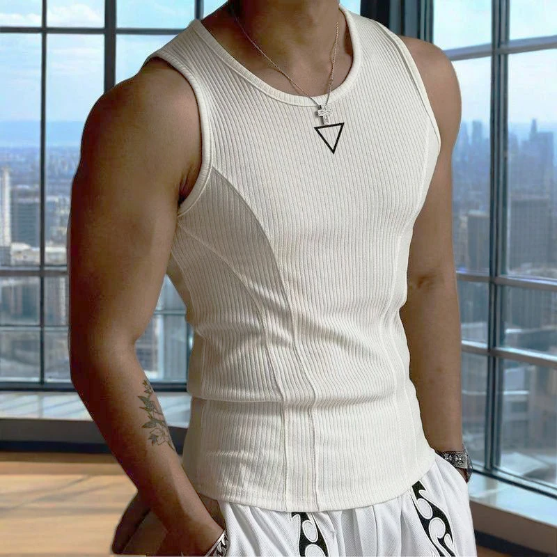 American Gym Men's Vest Thick Thread Slim Tank Top Sports Training Striped Vest Base Sleeveless T-shirt Casual Fitness Wearing