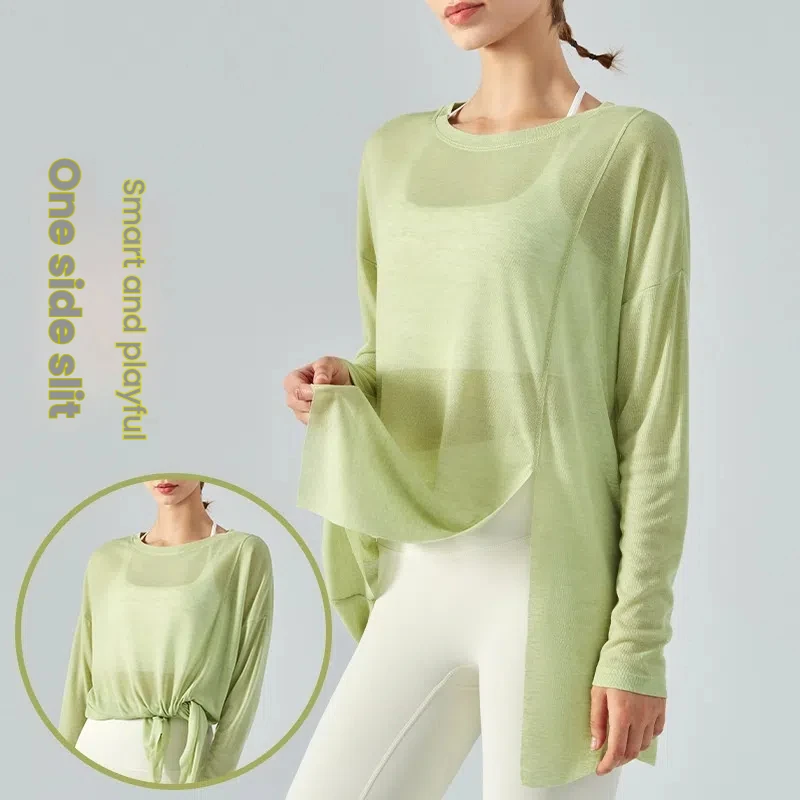 Women's Side Slit Yoga Cover Up Long Sleeve Lightweight Loose Athletic Shirt Summer Running Gym Wear Fitness Top Loose Athletic