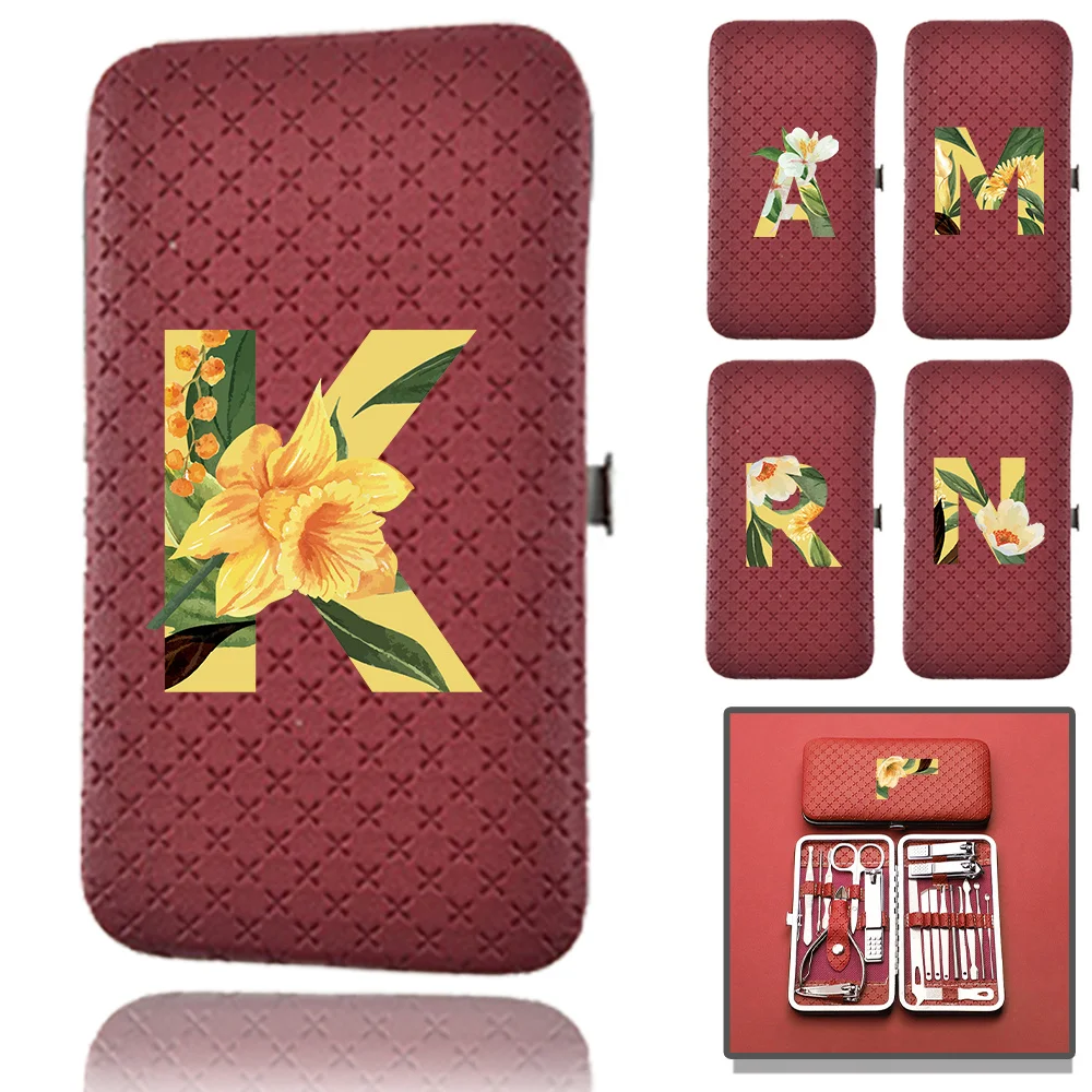 19 in 1Manicure Set Professional Pedicure Kit Stainless Steel Beauty Tools Set Floral Initial 26 Letters Pattern