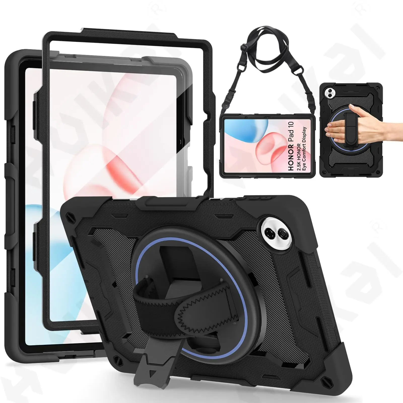 Case For Honor Pad 10 12.1 inch 2025 Tablet Heavy Duty Shockproof Protective Rotating Stand Hand Strap and Pen Holder Black