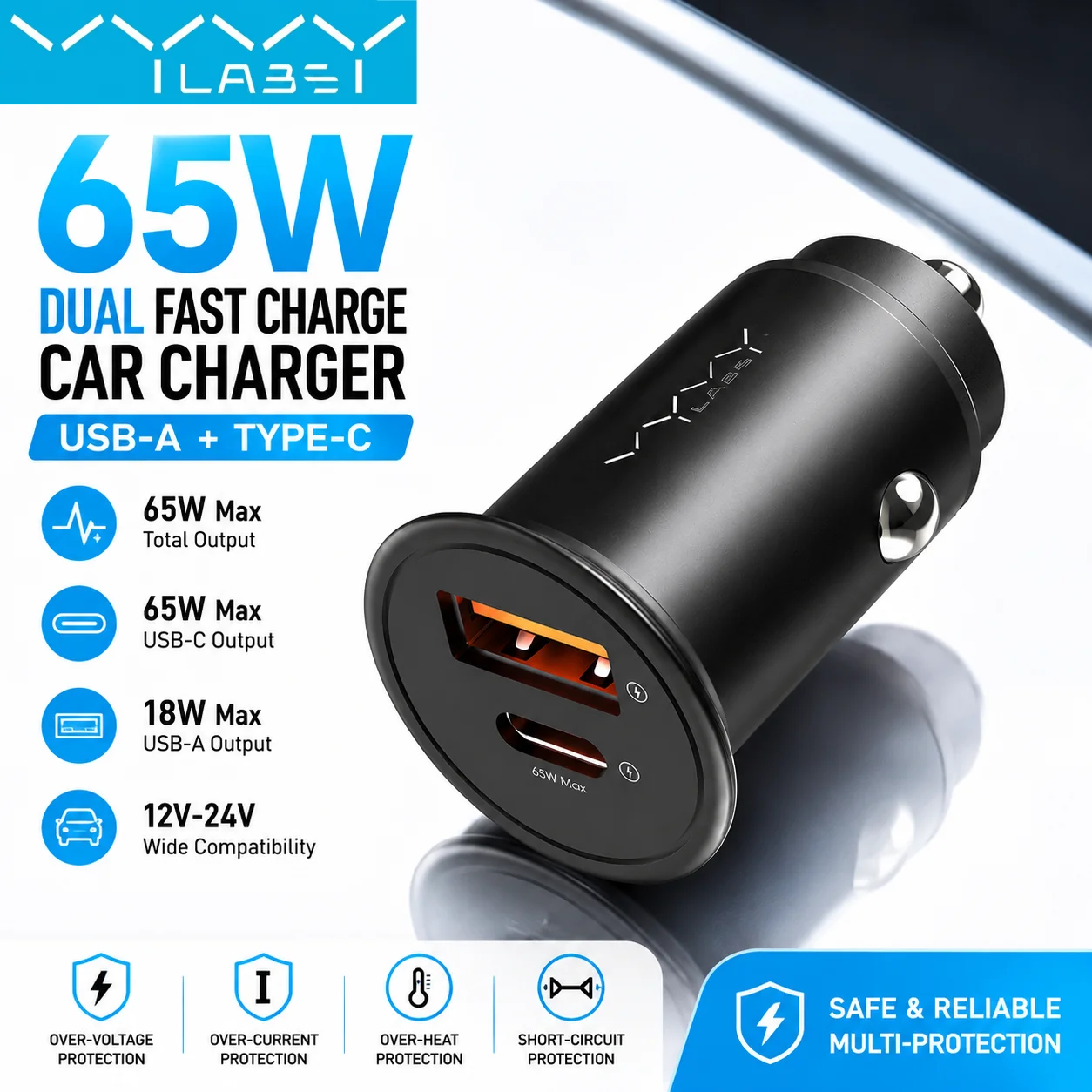 Vyvylabs 65W Car Charger Zinc Alloy Mini USB-A Type-C Fast Charging Adapter DC12V-24V Car Max 65W for iPhone 17 Samsung Huawei