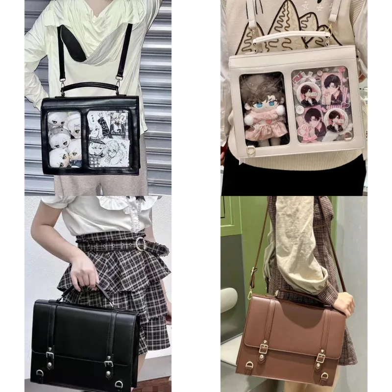 Double Window Black PU Waterproof Ita Bag Multi Carry Backpack For 20cm Cotton Doll Anime Lovers Daily Travel Convention