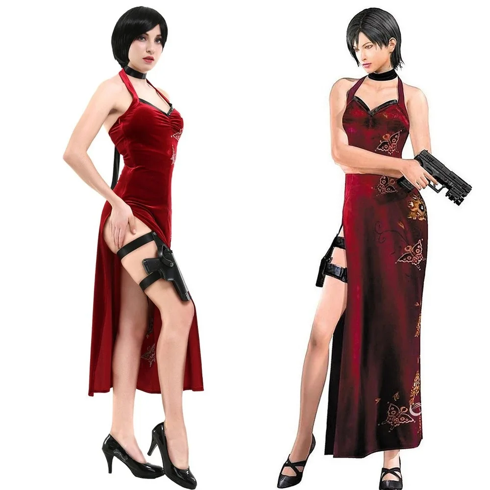 Female Resident 4 Ada Wong Cosplay Costume Red Dress Tight Cheongsam Dress Women's Halloween Carnival Party Carnival Clothing