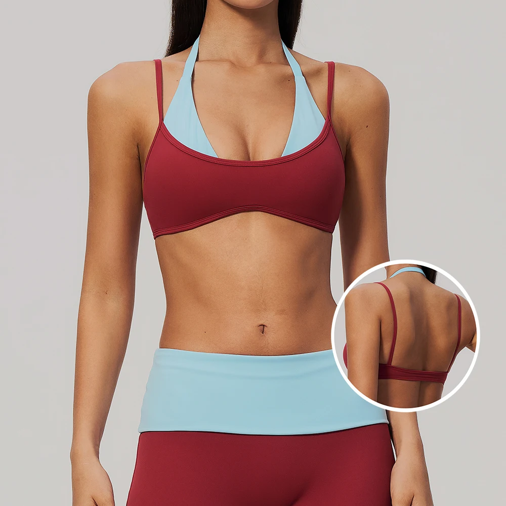 Yoga Bra Women's Fitness Top Running Workouts Vest Gym Tank Push Up Sports Underwear Colorblock Halter Deep V Backless Crop Top