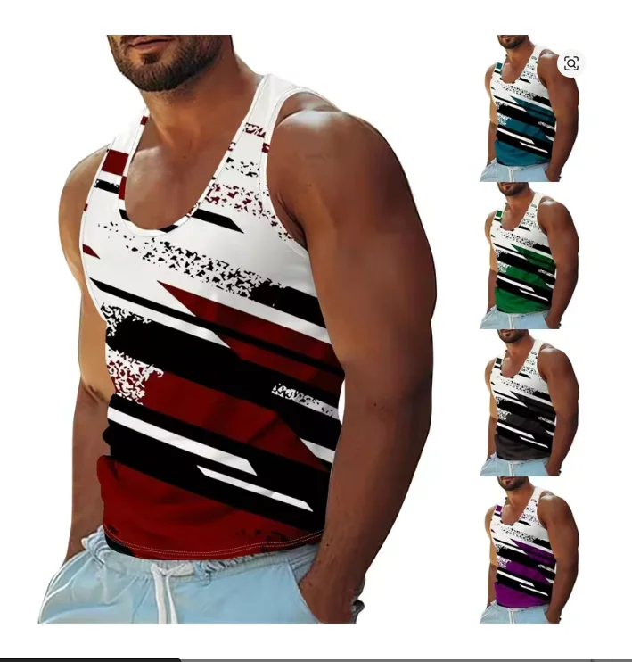 Summer Gym Sport Breathable Tee Top Graffiti Stripe Print Tank Top For Men's Clothes Streetwear Classic Fashion Basketball Vest