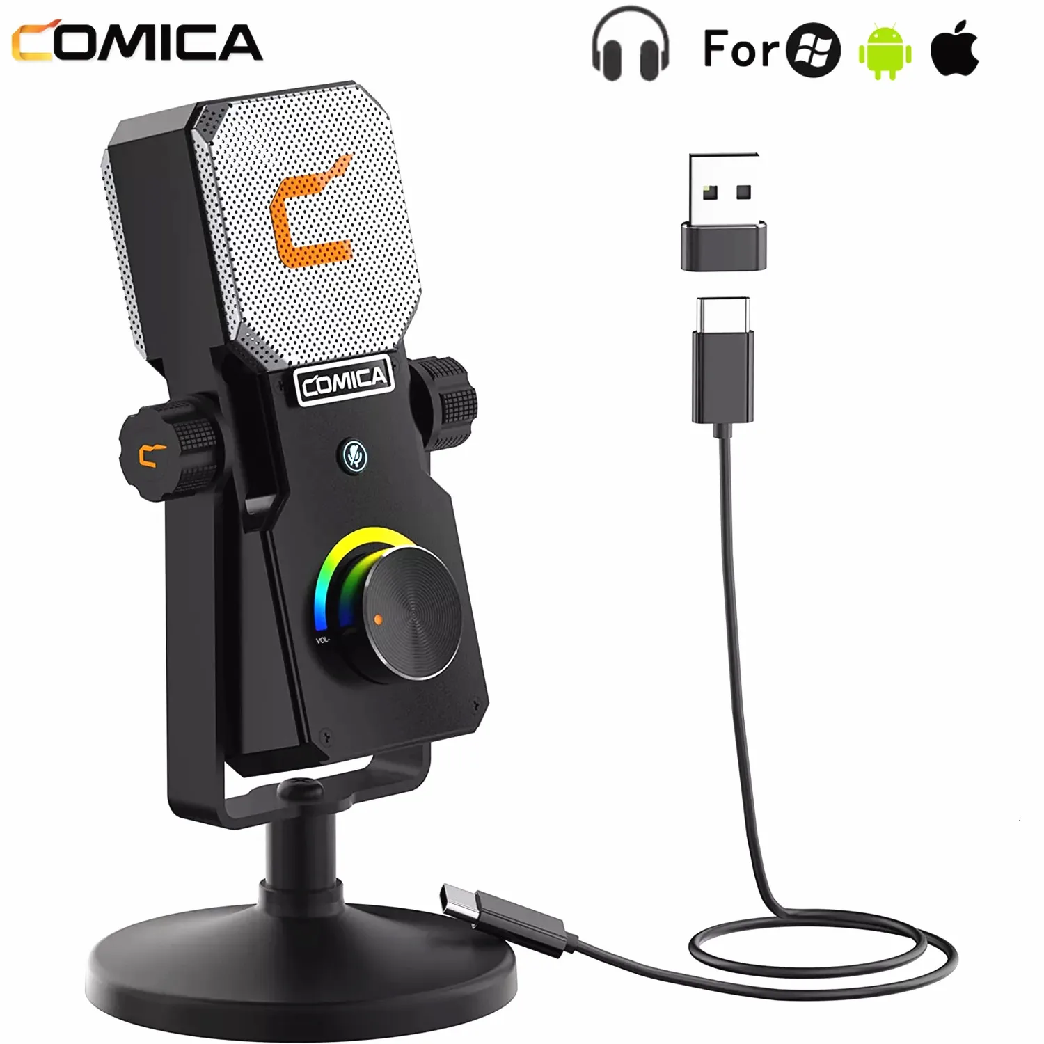 Comica STA-U1 USB Microphone for Gaming with RGB Light Computer Condenser Microphone for Streaming YouTube Podcasting Singing