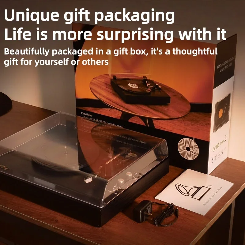 Vintage Bluetooth Vinyl Turntable All-in-One Built-in Speaker with Dust Cover Retro Record Player Home Office Decor Gift
