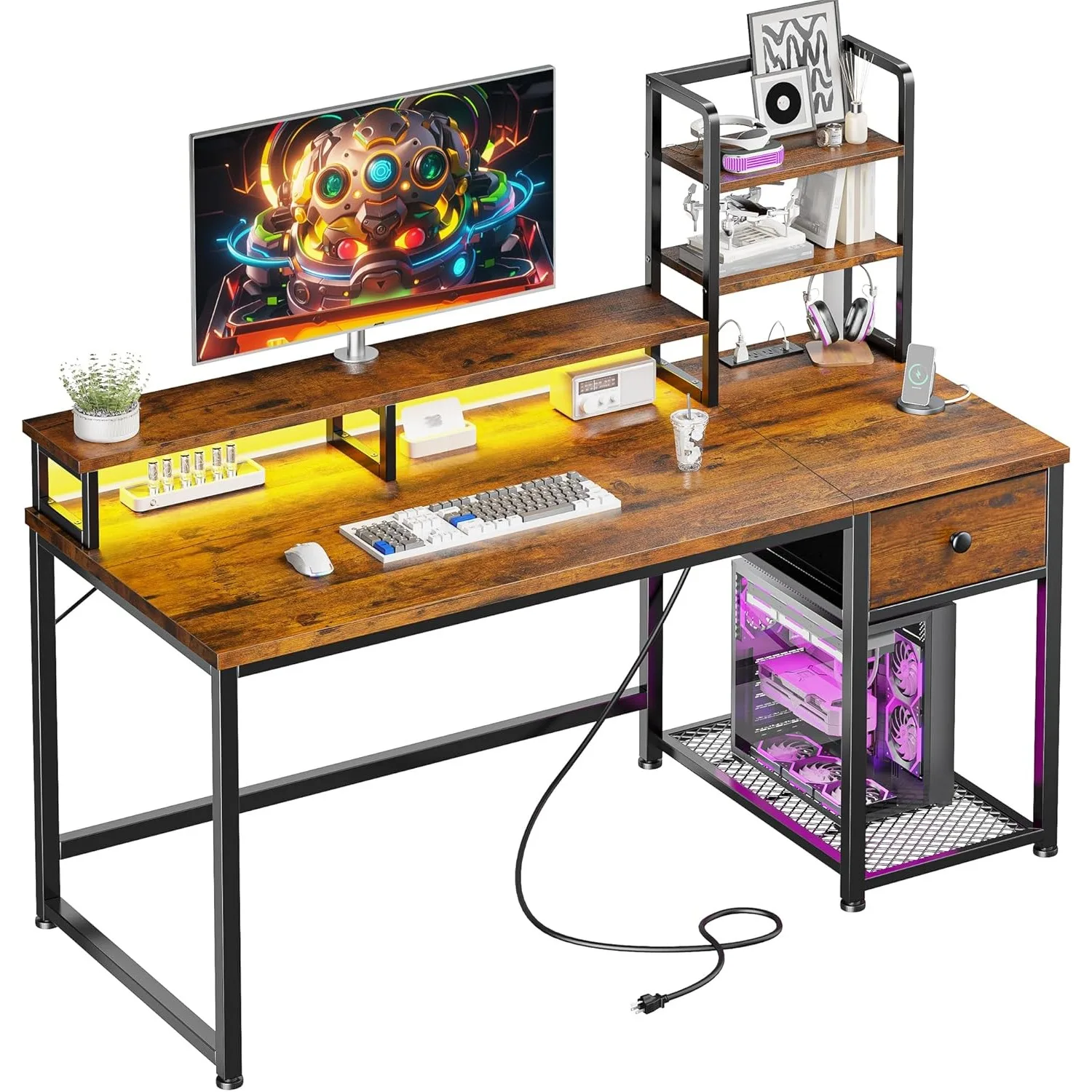 o*-Computer Desk with Hutch and  Home Office Desk with Monitor Shelf, Gaming Desks with Power Outlets, Customized