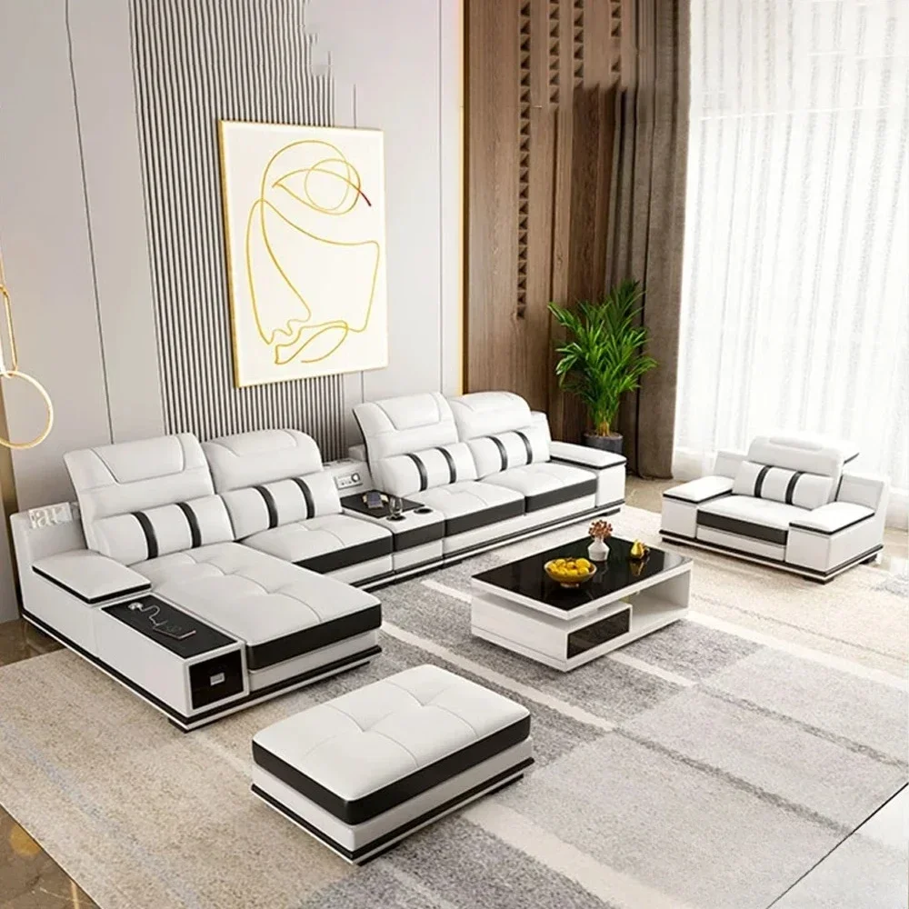 %Modern Genuine Leather Sofa Living Room By MINGDIBAO - Stylish Italian Couch with Bluetooth Speaker, USB & Adjustable Headrests
