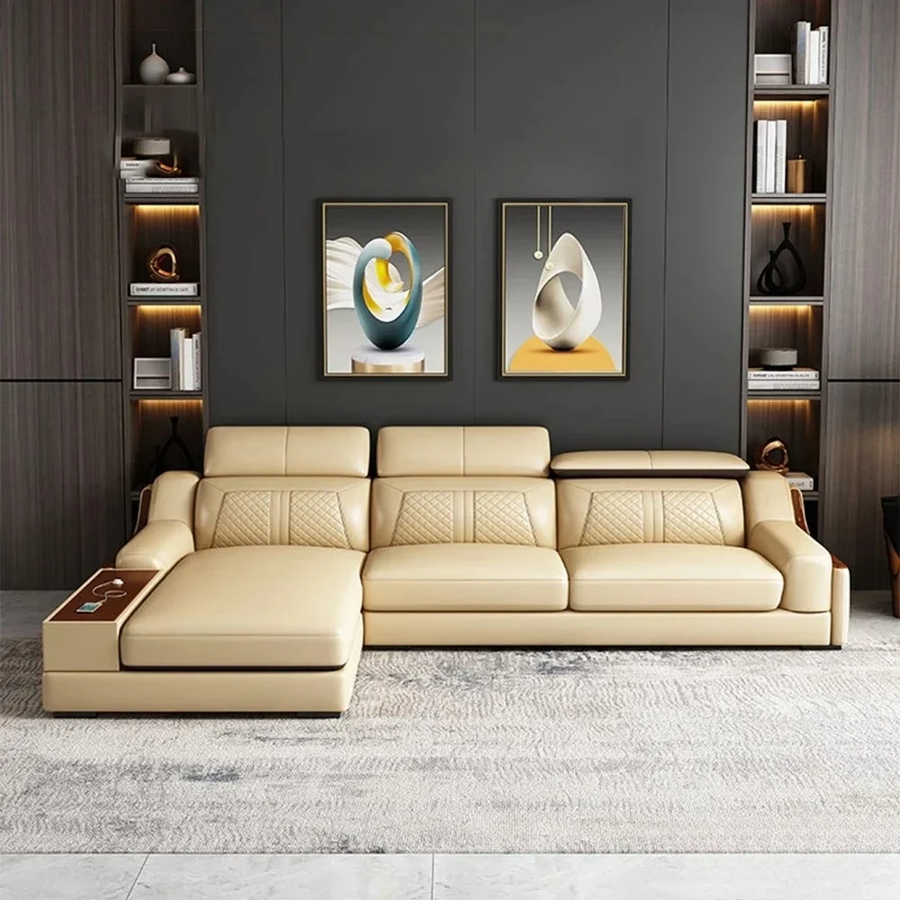 %Stylish Italian Genuine Leather Sofa for Living Room with Cup Holder, USB, Adjustable Headrests & Bluetooth Speaker - MANBAS