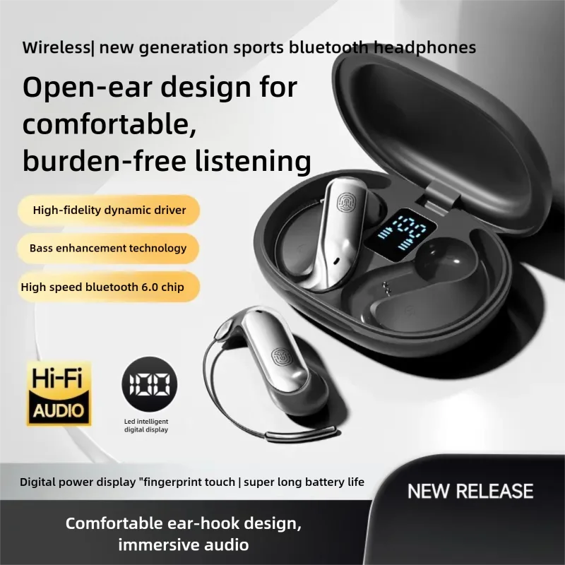 Open Ear Bluetooth Headphones Ear Hook Light Weight Protable Ergonomic ENC IPX5 Long Battery Time Power LED Display For Sports