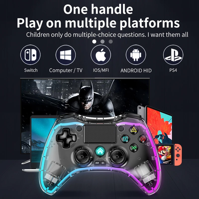 Wireless Gamepad for P4 Transparent Six Axis Dual Vibration LED Lights Controller for PC Android Switch iOS Game Stick