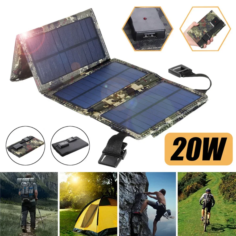 20W Foldable Solar Panel 5V Portable Battery for Phone PC Car RV Boat Charger USB Port Outdoor Waterproof Power Bank Sunpower