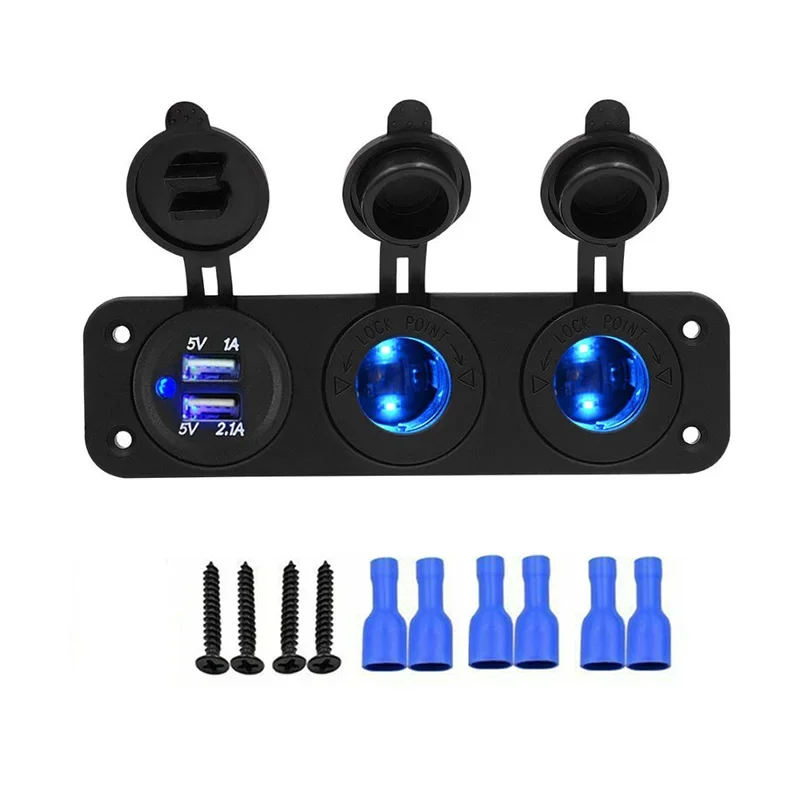3 IN 1 Panel Dual Cigarette Lighter Socket 3.1A Dual USB Car Charger Power Outlet Adapter Waterproof for Boat Camper Caravans