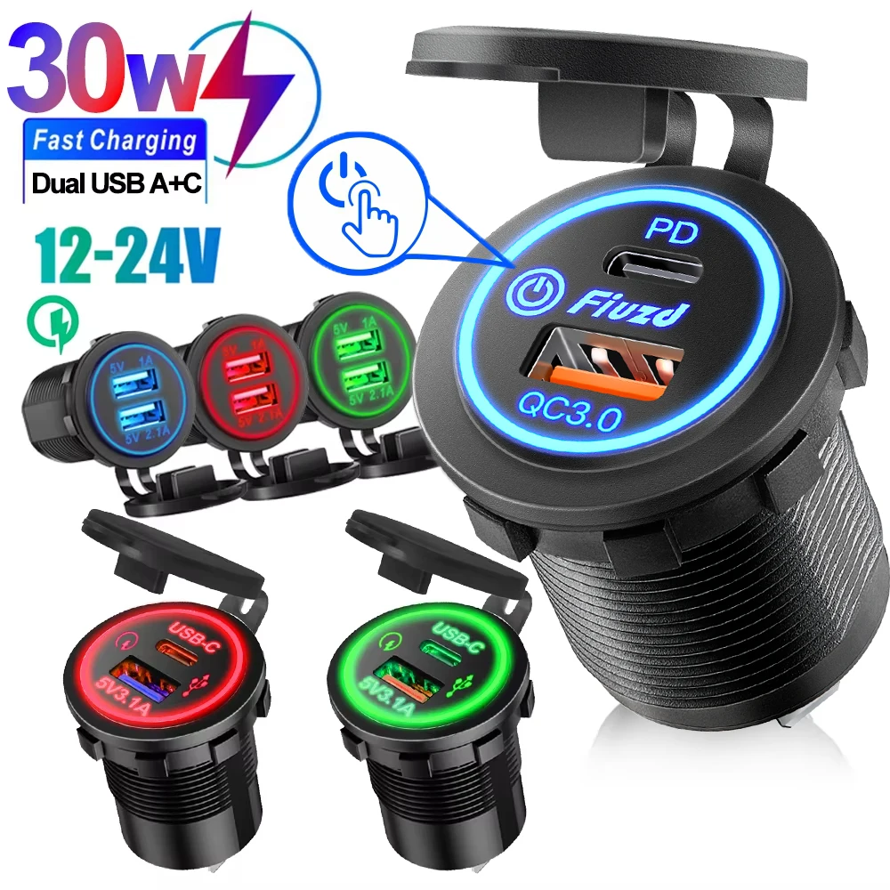 QC 3.0 Dual USB Fast Car Charger Socket 12V/24V waterproof with Switch Auto Car Quckly Charge Adapter Power Outlet