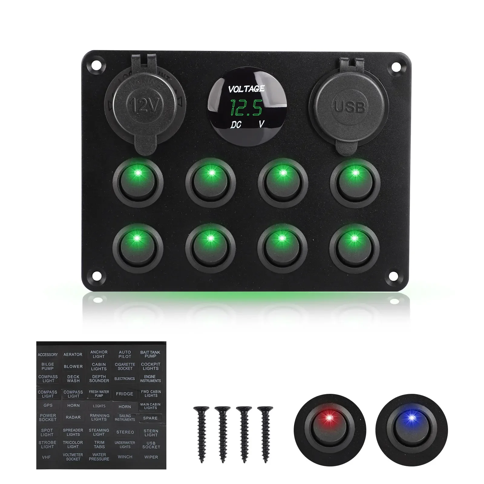 8 Gang Switch Panel Dual USB Charger Waterproof Digital Switch 12-24V Dual Port Outlet Combination LED Rocker for RV Truck Boat
