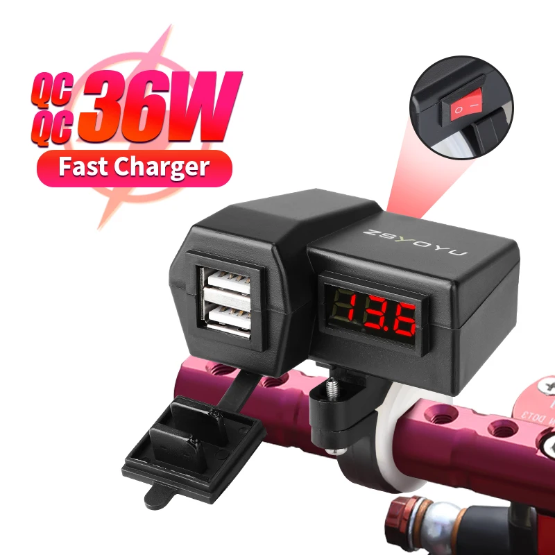 QC3.0 Quick Charge Voltmeter Waterproof 12-24V USB Motorcycle Power Supply Socket Charger Switch Accessories With On/Off Adapter