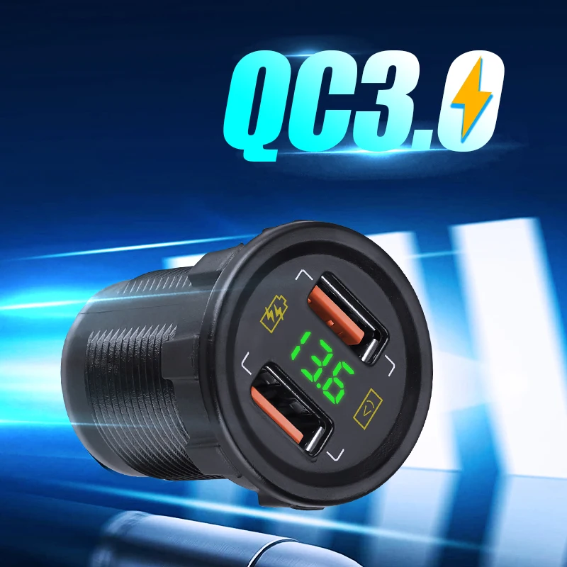 Car Charger Fast Charging Adapter Dual Usb Motorcycle Waterproof Port Quick Charge QC3.0 Voltmeter 12V to 5V 36W Boat Marine RV
